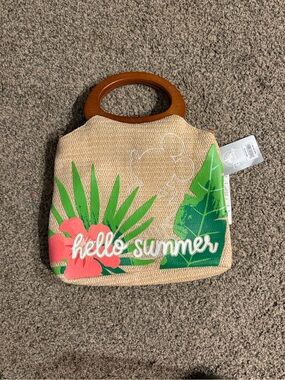 Disney Straw Tote Bag with Wooden Handles - Pink & Green